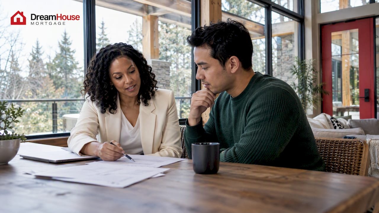 Buyer and broker compare mortgage insurance paperwork