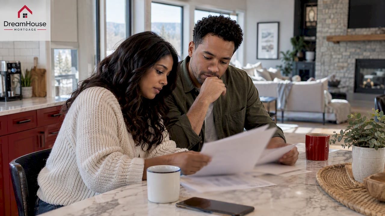 Calgary couple reviewing mortgage documents at home